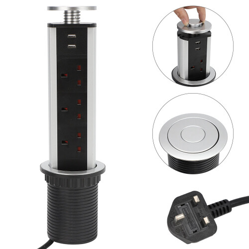 1.9M Pop Up Socket Aluminum alloy 3 Socket 2 USB Safety Switch