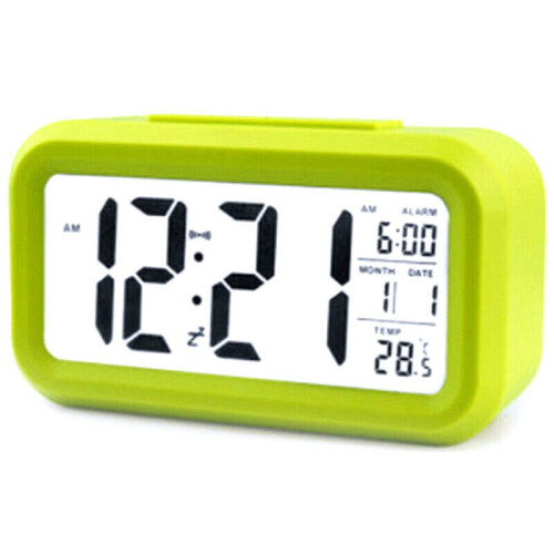 (Green) Digital LED Alarm Clock Bedsides Snooze Clock Calendar Display Battery Operated