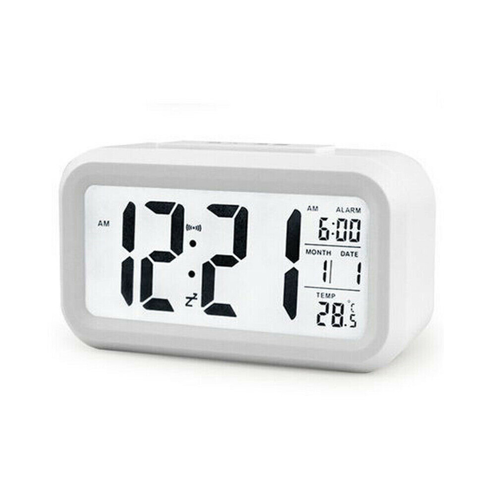(White) Digital Led Alarm Clock Bedsides Snooze Clock Calendar Display Battery Operated White