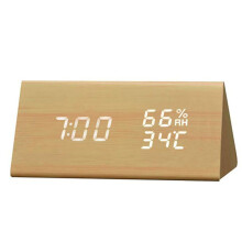 (Brown wood White) Digital Electronic Clock Alarm Triangle Wood LED