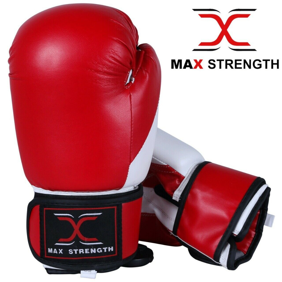 (Red, 8oz) MAXSTRENGTH® Boxing Gloves Kick Punch Bag Muay Thai UFC Fight Training Mitts MMA