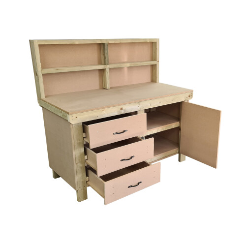 (4ft, With Back Panel) Wooden Workbench MDF  Double Shelf Tool Cabinet with Lockable Cupboard Heavy-duty Work Table 1