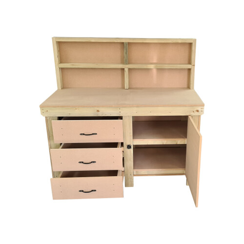 (6ft, With Back Panel) Wooden Workbench MDF  Double Shelf Tool Cabinet with Lockable Cupboard Heavy-duty Work Table 1
