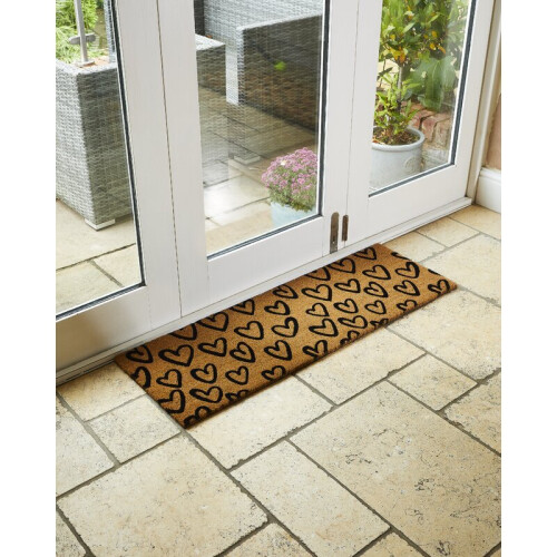 ASTLEY 40X120CM HANDRAWN HEARTS NATURAL PRINTED PVC BACKED COIR MAT 15MM