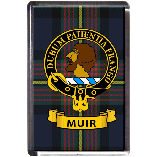 Muir Tartan Clan Crest Fridge Magnet on Clear Acrylic Rectangular Base - 7x9 cm