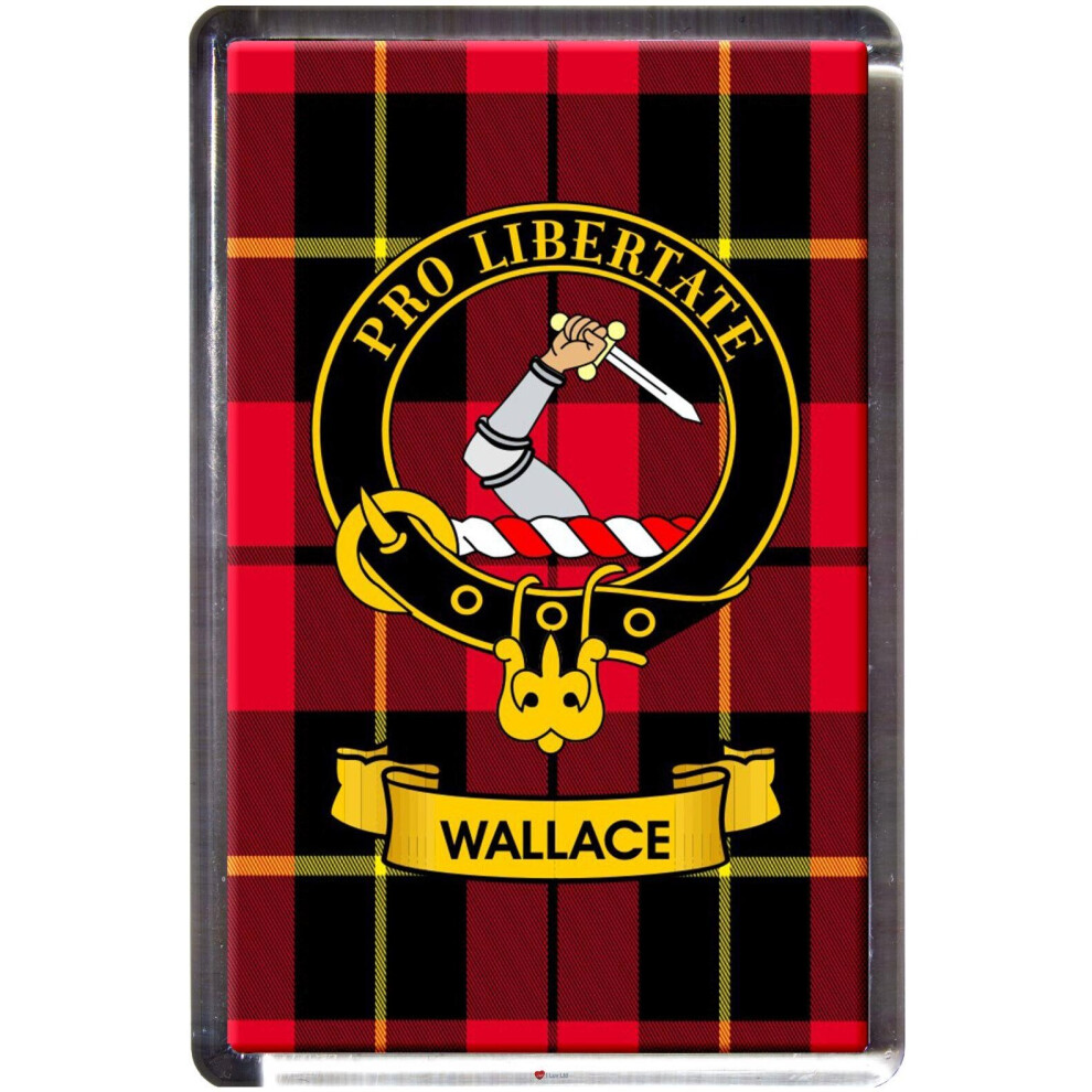 Wallace Tartan Fridge Magnet with Scottish Clan Crest on Clear Acrylic Rectangular Base