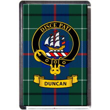 Duncan Tartan Fridge Magnet with Scottish Clan Crest on Clear Acrylic Rectangular Base