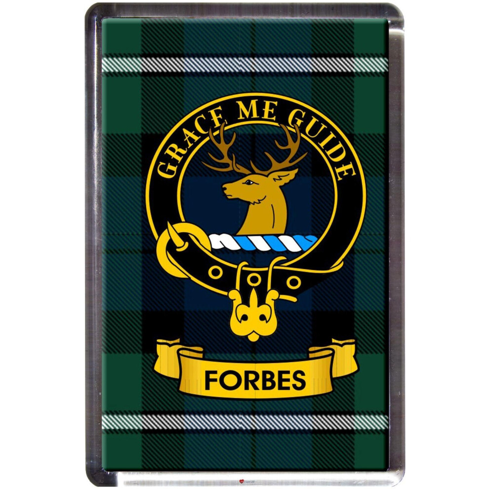 Forbes Tartan Fridge Magnet with Scottish Clan Crest on Clear Acrylic Rectangular Base