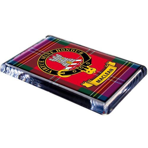 MacLean Tartan Clan Crest Fridge Magnet on Clear Acrylic Rectangular Base Unique Scottish Gift 1