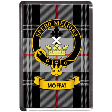 Moffat Tartan Fridge Magnet with Scottish Clan Crest on Clear Acrylic Rectangular Base
