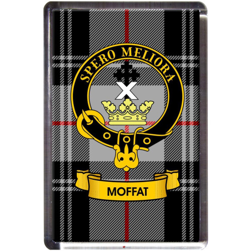 Moffat Tartan Fridge Magnet with Scottish Clan Crest on Clear Acrylic Rectangular Base