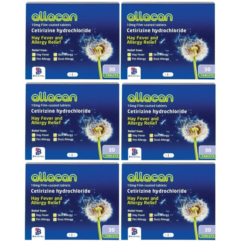 Allacan Cetirizine Hayfever Allergy Tablets - 6-Month Supply (180 tablets, 10 mg) for Adults & 6+ Children, 24-Hour Relief