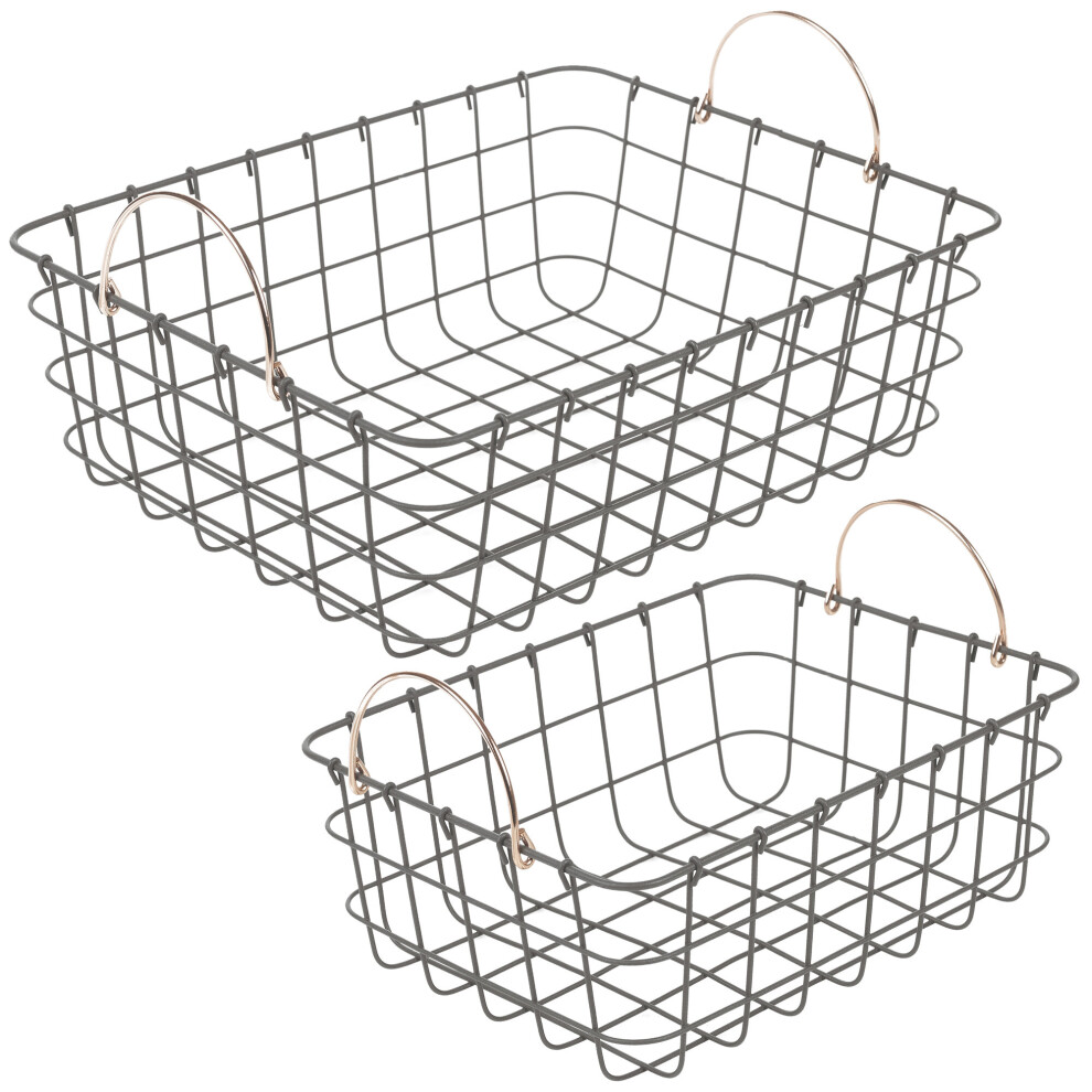 Set Of 2 Rectangular Metal Wire Storage Baskets With Rose Gold Handles