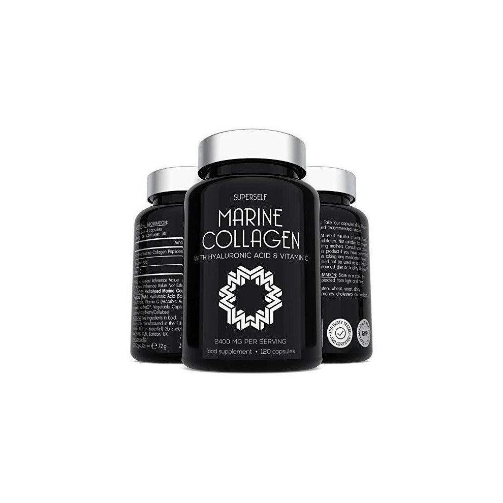 Marine Collagen Supplement 2400mg - 120 Capsules with Hyaluronic Acid and Vitamin C - Premium Type 1 Hydrolysed Collagen Tablets for Women and Men -