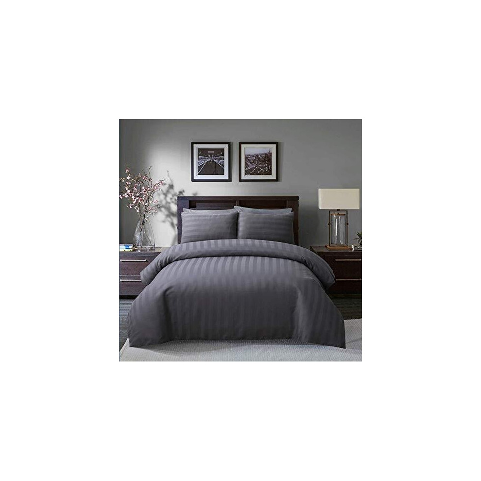 Sleepdown Soft Hotel Quality 250 THREAD COUNT POLYCOTTON Satin Stripe Duvet Cover Set With Pillowcases in Grey Colour(Double)