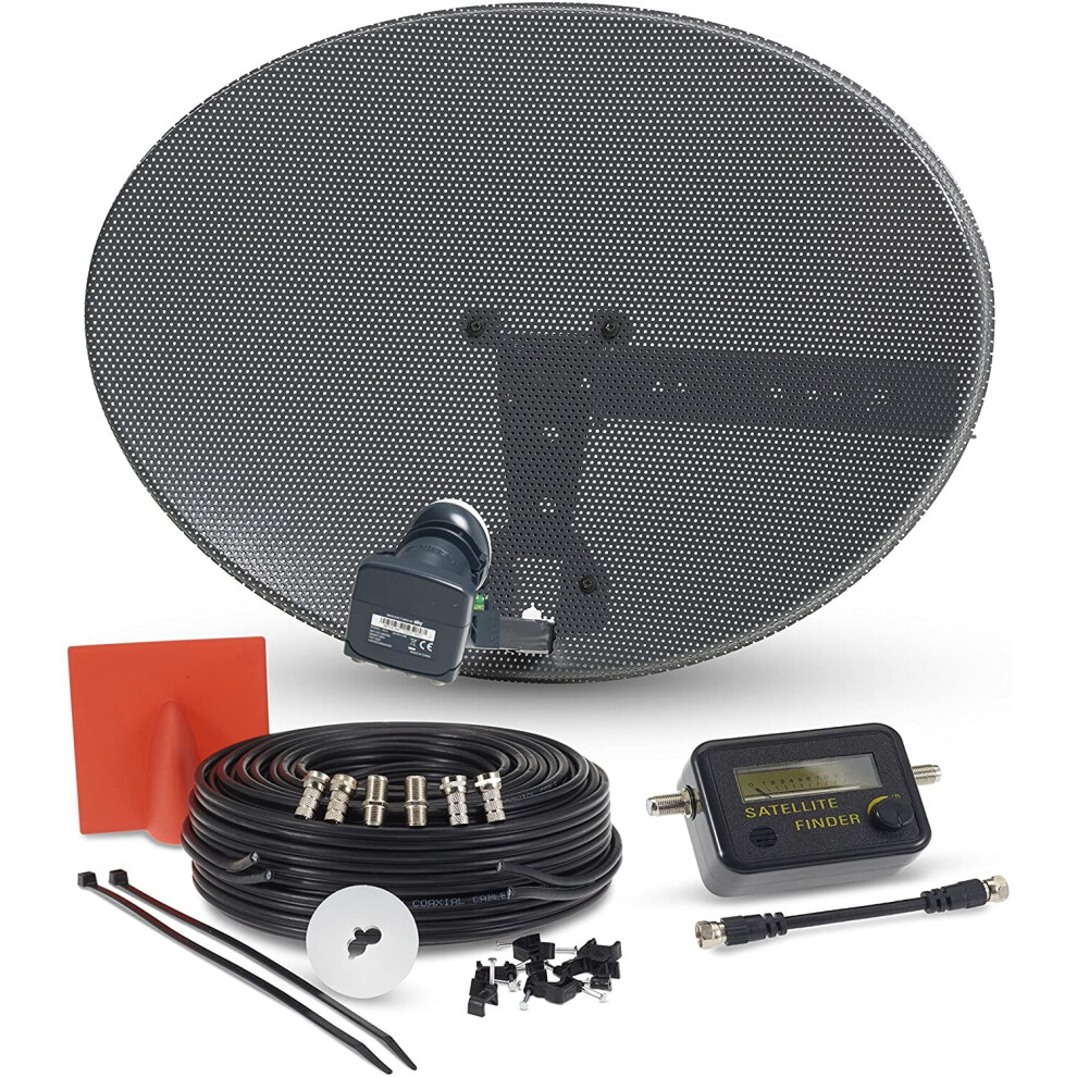 (5 Meter, Twin Black) Satellite Dish Kit for SKY/Freesat/Astra/Polsat/Hotbird/Full HD, Latest MK4 dish with Quad LNB, Cable, Signal finder, Brackets, Bolts, F Connectors