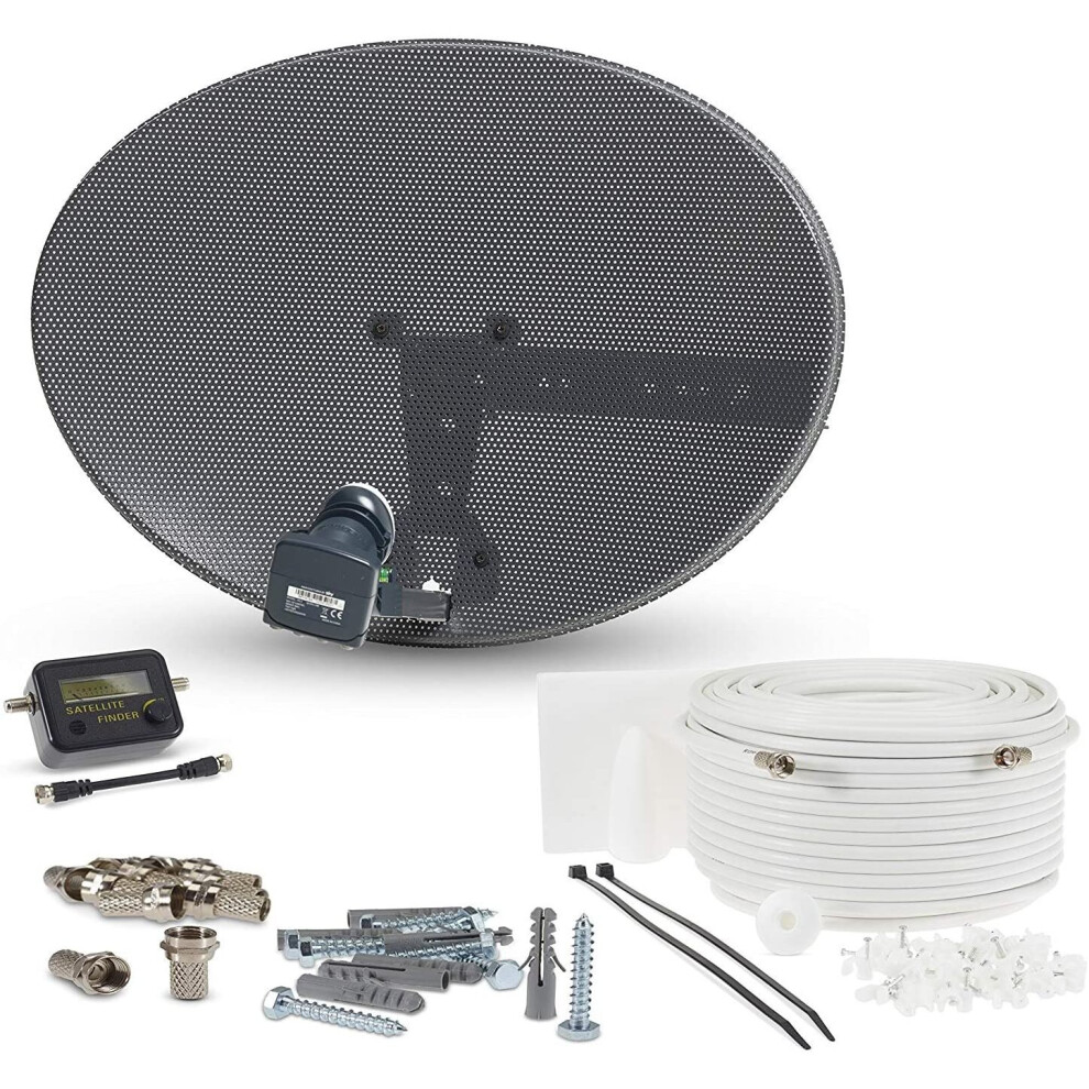 (20 Meter, Single White) Satellite Dish Kit for SKY/Freesat/Astra/Polsat/Hotbird/Full HD, Latest MK4 dish with Quad LNB, Cable, Signal finder, Brackets, Bolts, F Connectors