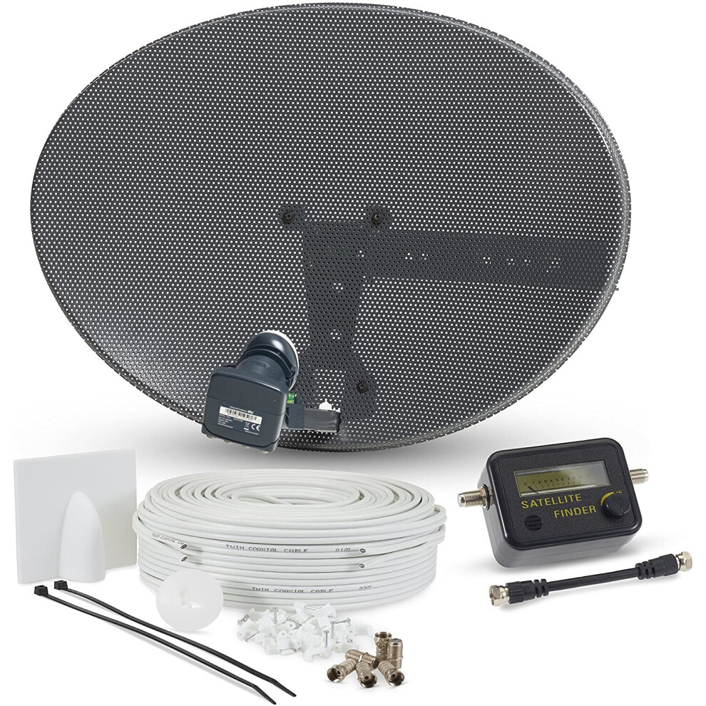 (50 Meter, Twin White) Satellite Dish Kit for SKY/Freesat/Astra/Polsat/Hotbird/Full HD, Latest MK4 dish with Quad LNB, Cable, Signal finder, Brackets, Bolts, F Connectors