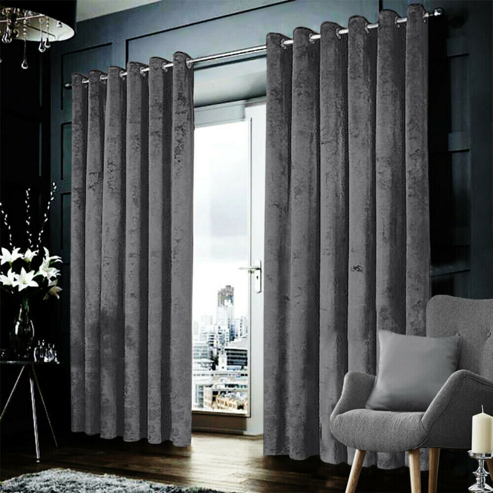 (Grey, 46" x 54" (116cm x 137cm)) Velvet Curtains Eyelet Ring Top Ready Made Lined Pair Panel