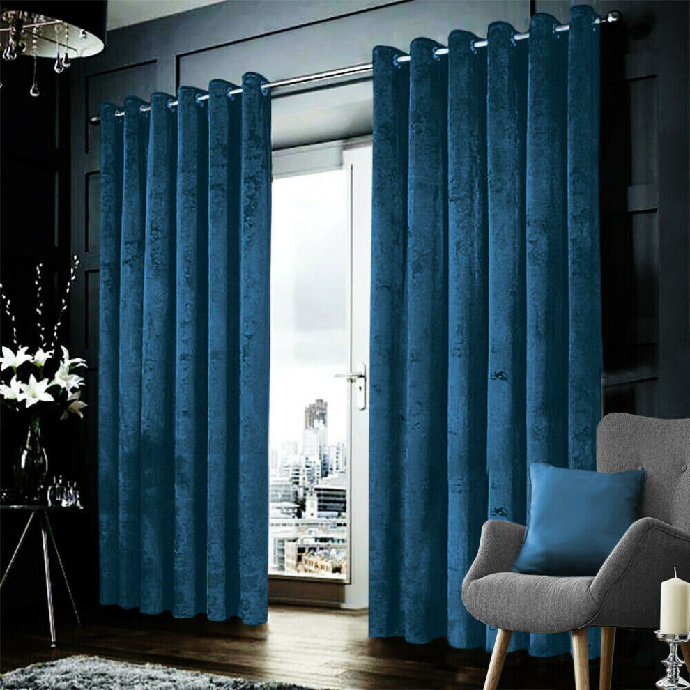 (Blue, 46" x 54" (116cm x 137cm)) Velvet Curtains Eyelet Ring Top Ready Made Lined Pair Panel