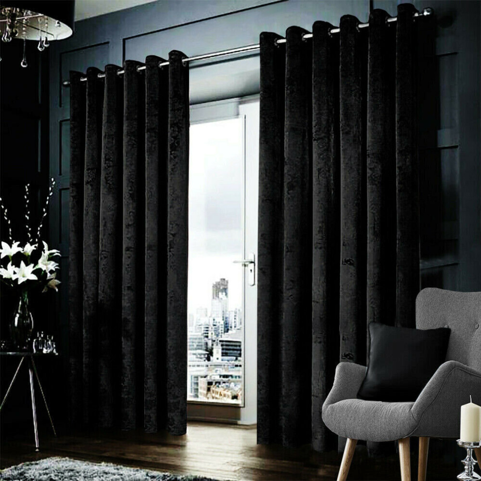 (Black, 46" x 54" (116cm x 137cm)) Velvet Curtains Eyelet Ring Top Ready Made Lined Pair Panel