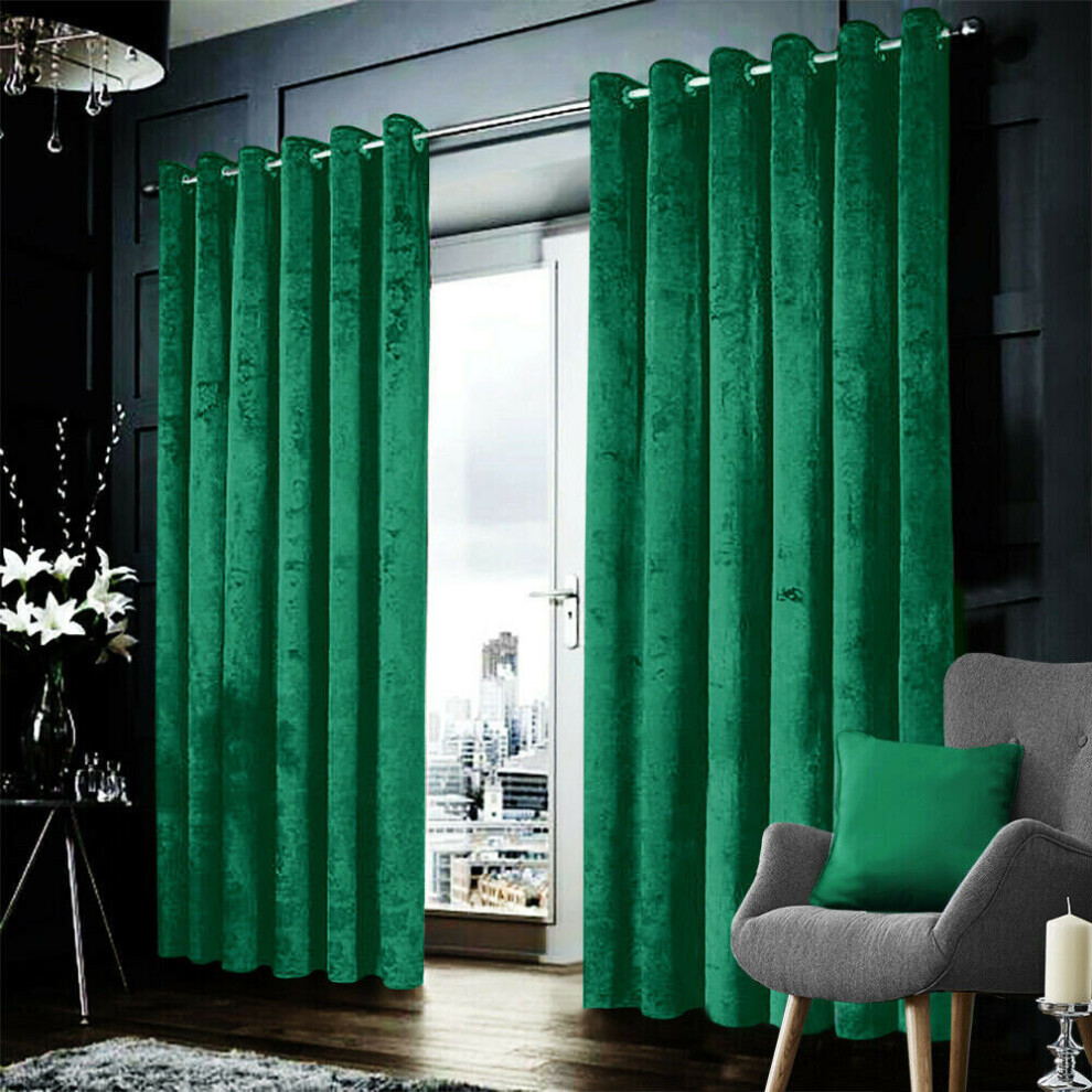 (Green , 90" x 90" (228cm x 228cm)) Velvet Curtains Eyelet Ring Top Ready Made Lined Pair Panel