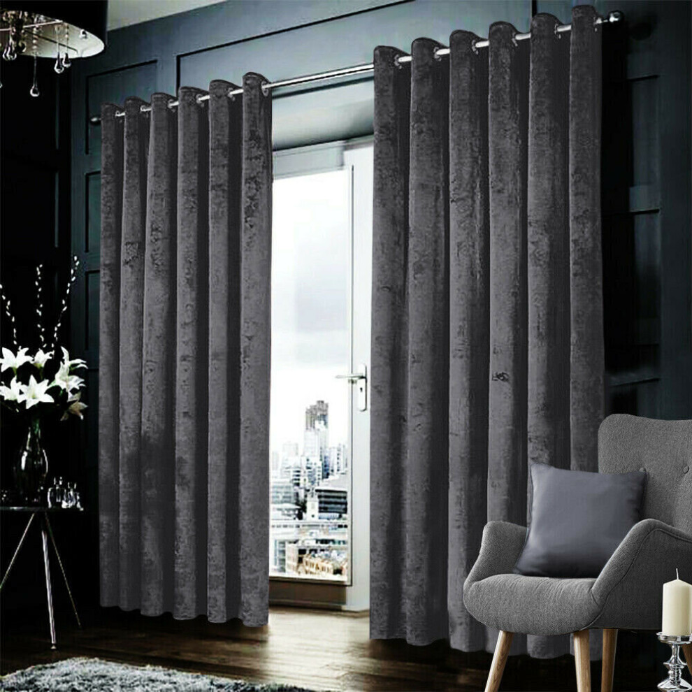 (Charcoal, 66" x 72" (167cm x 183cm)) Velvet Curtains Eyelet Ring Top Ready Made Lined Pair Panel