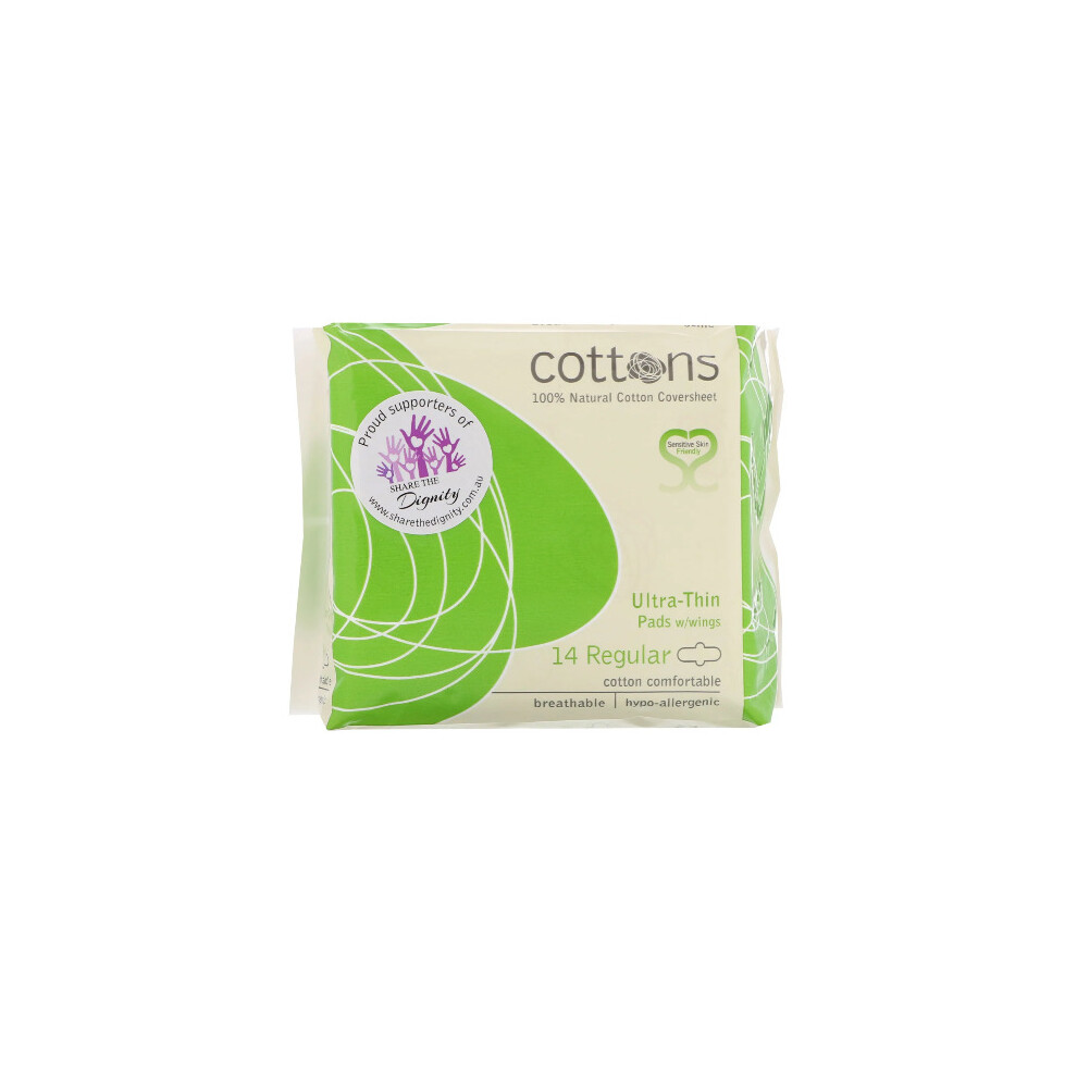 Cottons, Natural Cotton, Ultra-Thin Pads with Wings, Regular, 14 Pads