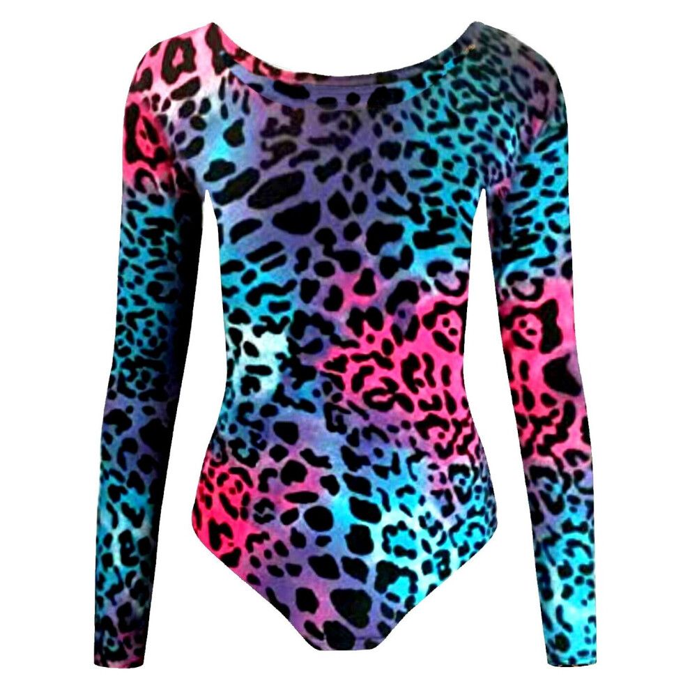 (11-12 Years) Girls Leopard Print Pink Blue Leotard Gymnastics School Swimming Ballet Dress