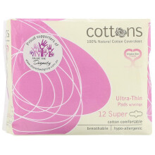 Cottons, 100% Naturlig Bomullskläde, Ultra-Tunn Pads med Vingar, Super, 12 Pads