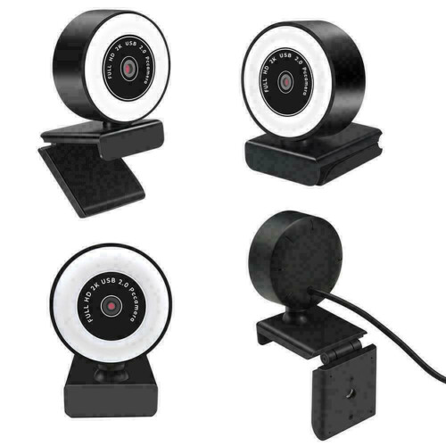 360° Webcam 2K HD Built-in Adjustable Ring Light with Microphone