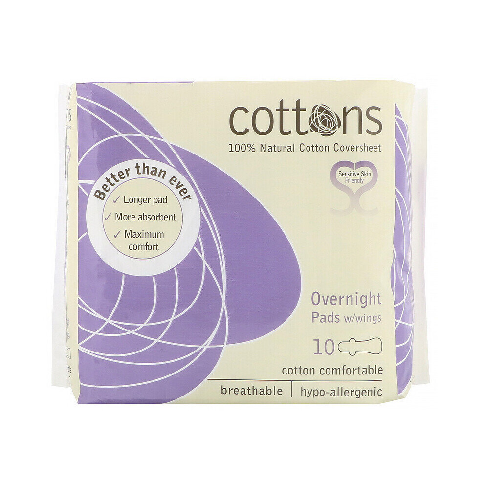 Cottons, 100% Natural Cotton, 10Overnight Pads with Wings