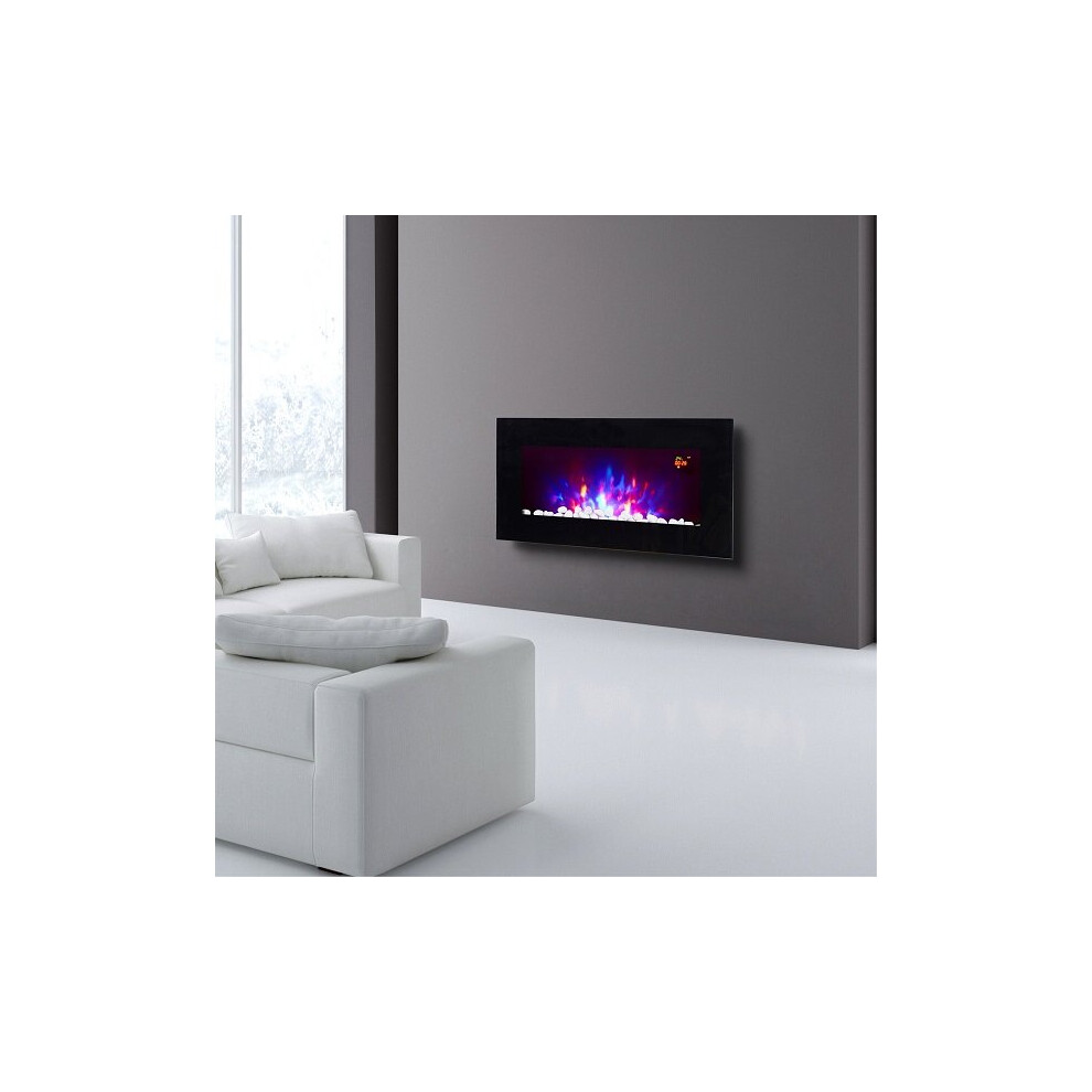 TruFlame LED Side Lit (7 colours) Wall Mounted Flat Glass Electric Fire with Log and Pebble Effect