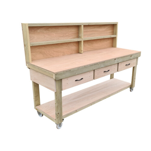 (8ft, Legs With Wheels) Wooden Eucalyptus Top Workbench With Drawers And Back Panel