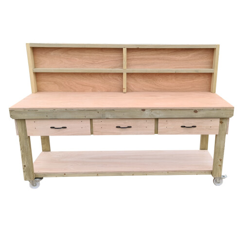 (8ft, Legs With Wheels) Wooden Eucalyptus Top Workbench With Drawers And Back Panel 1