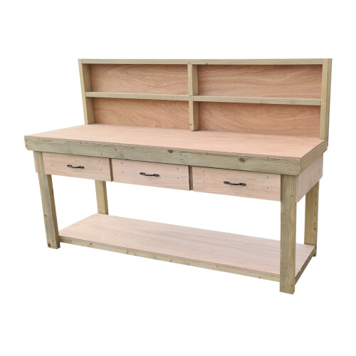 (8ft, Standard Legs) Wooden Eucalyptus Top Workbench With Drawers And Back Panel 1