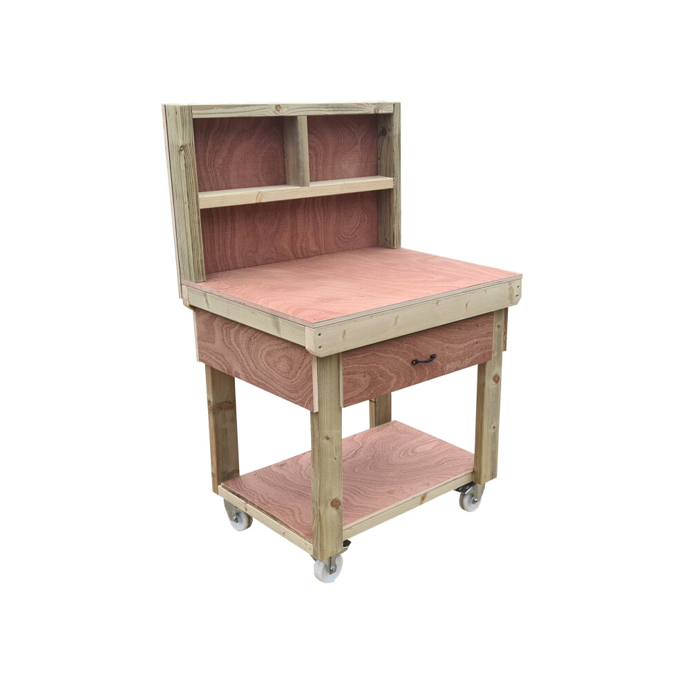 (3Ft, Legs With Wheels) Wooden Eucalyptus Top Workbench With Drawers And Back Panel 7426998922088