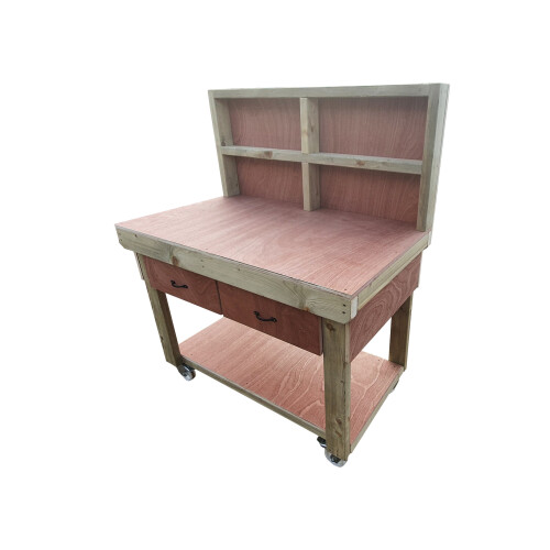 (5ft, Legs With Wheels) Wooden Eucalyptus Top Workbench With Drawers And Back Panel 2