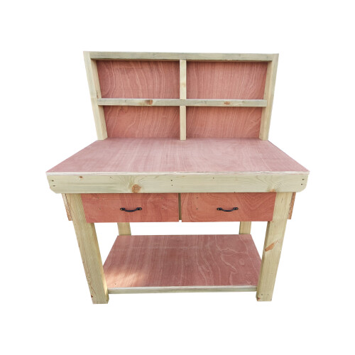 (5ft, Standard Legs) Wooden Eucalyptus Top Workbench With Drawers And Back Panel 2