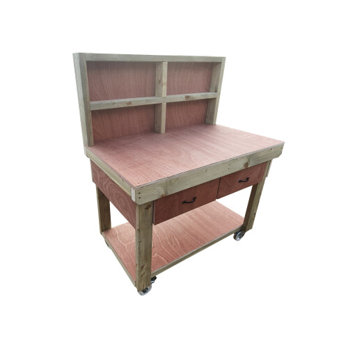 (5ft, Legs With Wheels) Wooden Eucalyptus Top Workbench With Drawers And Back Panel 1