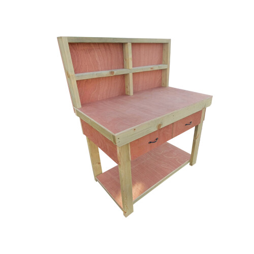 (6ft, Standard Legs) Wooden Eucalyptus Top Workbench With Drawers And Back Panel