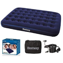 Bestway Airbeds Flocked Quick Inflation Camping Mattress with Electric Pump and Travel Bag, Blue, Double