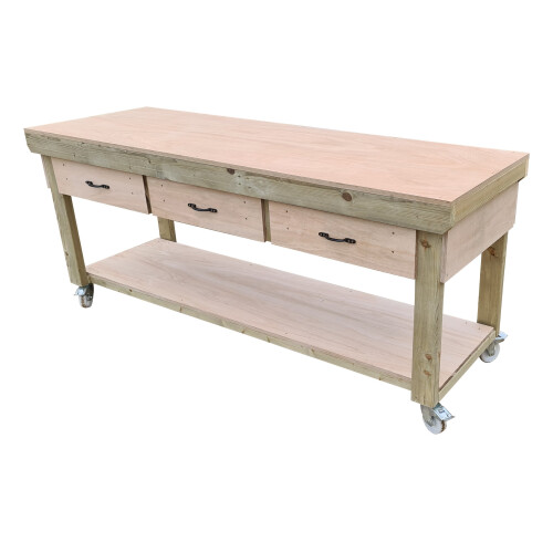 (7ft, Legs With Wheels) Wooden Eucalyptus Top Workbench With Drawers 2