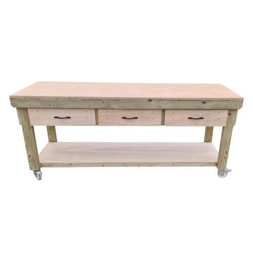 (7ft, Legs With Wheels) Wooden Eucalyptus Top Workbench With Drawers 1