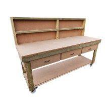 (8ft, Legs With Wheels) Wooden MDF Top Workbench With Drawers And Back Panel