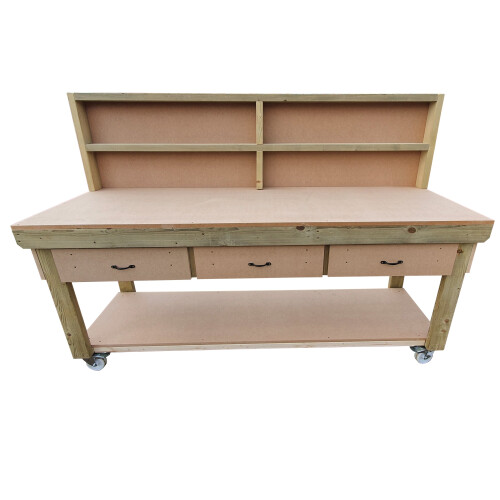 (7ft, Legs With Wheels) Wooden MDF Top Workbench With Drawers And Back Panel 1