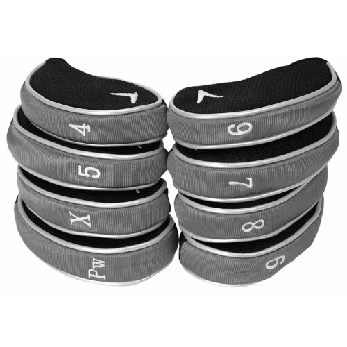 Callaway Iron Headcovers Set of 9 - Genuine (4-PW, SW, X) Black/Grey, Breathable, Fits Right & Left-Handed Clubs