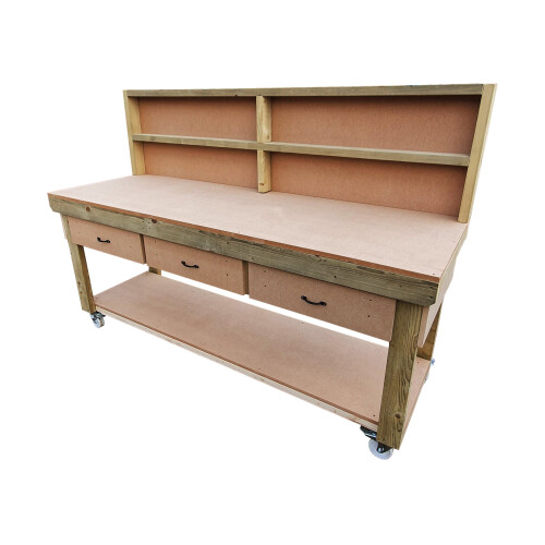 (7ft, Legs With Wheels) Wooden MDF Top Workbench With Drawers And Back Panel 2