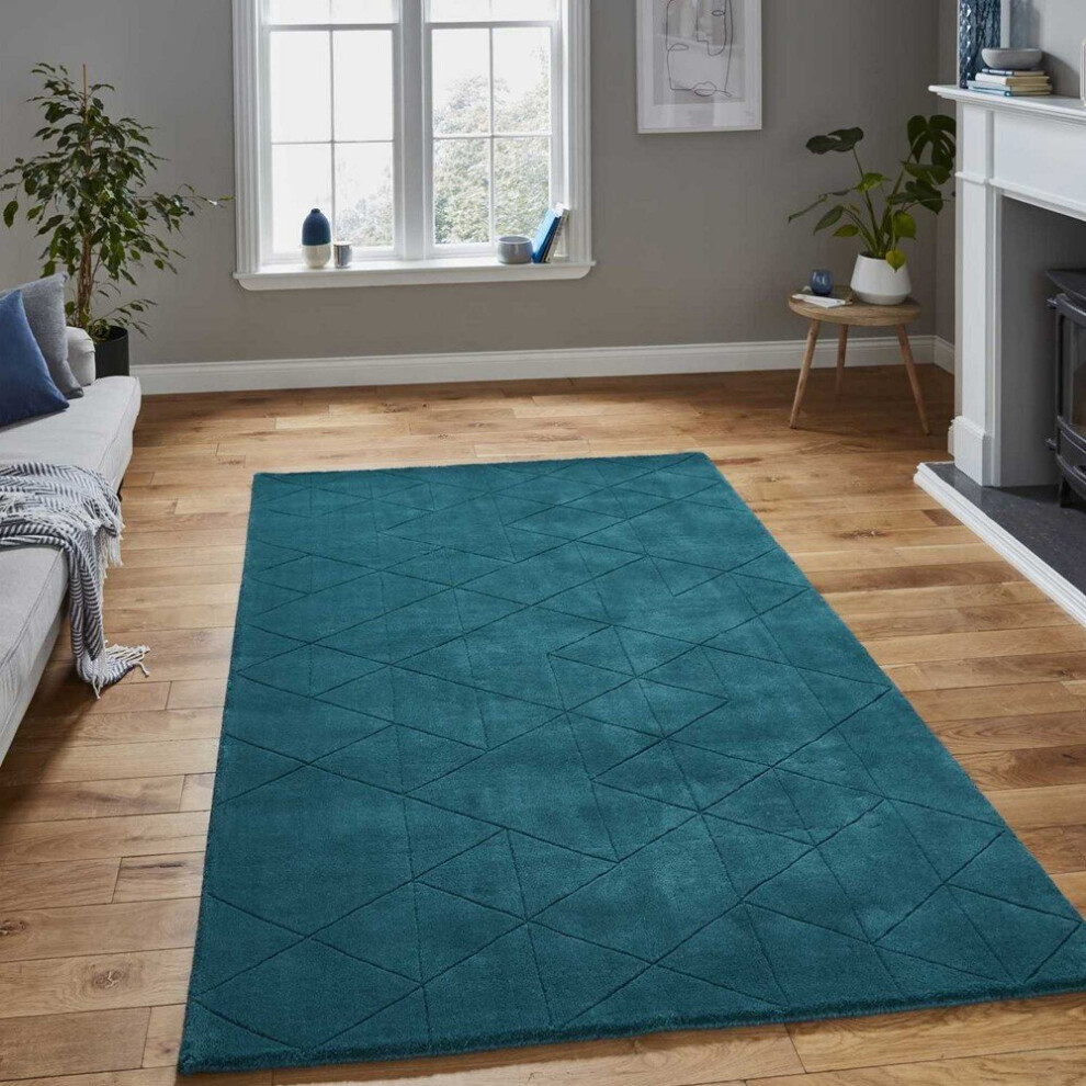 Think Rugs (150X230cm) Modern Kasbah Kb2025 Geometric Wool Rugs In Dark Teal Blue Soft Hand Made Mats