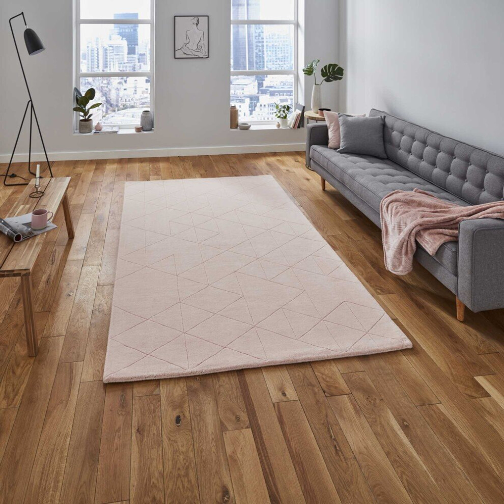 (150x230cm) Modern Kasbah KB2025 Geometric Wool Rugs in Rose Pink Soft Hand Made Mats